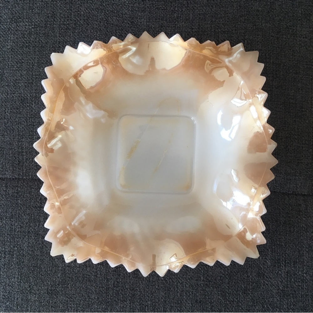 Vintage Milk Glass Rippled Trinket Tray Dish, White, Amber Holographic Glaze